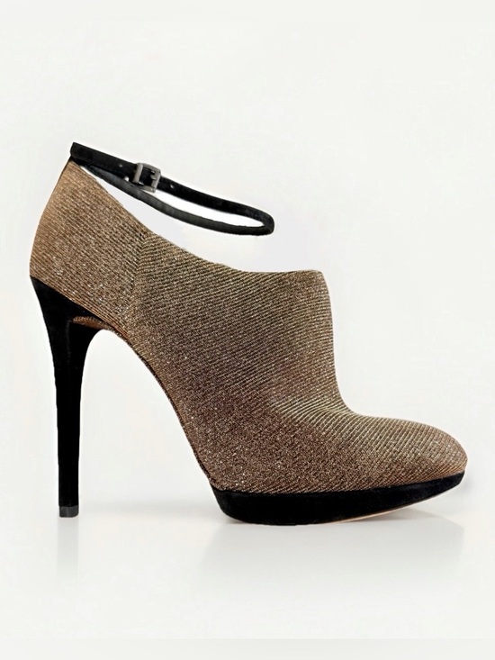Brian Atwood Shoes - BRIAN ATWOOD FRUITERA BLACK SUEDE METALLIC GOLD SILVER HIGH HEEL BOOTIES
